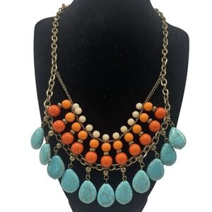 Boho Turquoise Orange Beaded Statement Necklace Brass Tone Southwestern Style